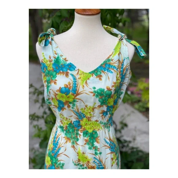50s 60s Dress Hawaiian Tie Straps Floral - Picture 2 of 11